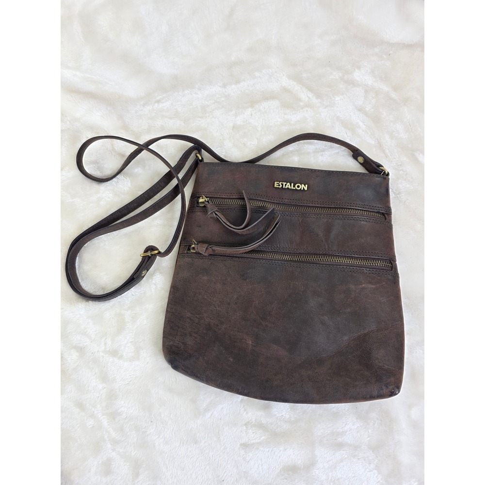 ESTALON Dark Brown Genuine Leather Crossbody Bag Triple Zip Organizer‎